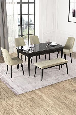 Rovena Mateo Siyah Mermer 80x132 Açılabilir Suntalam Mutfak Masası Takımı 4 Adet Sandalye+1 Bench