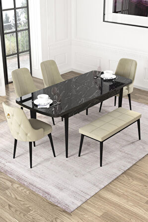 Rovena Mateo Siyah Mermer 80x132 Açılabilir Suntalam Mutfak Masası Takımı 4 Adet Sandalye+1 Bench