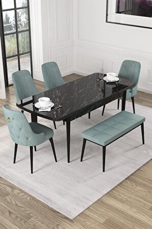 Rovena Mateo Siyah Mermer 80x132 Açılabilir Suntalam Mutfak Masası Takımı 4 Adet Sandalye+1 Bench