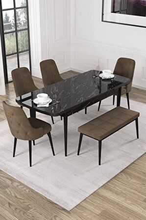 Rovena Mateo Siyah Mermer 80x132 Açılabilir Suntalam Mutfak Masası Takımı 4 Adet Sandalye+1 Bench