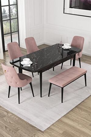 Rovena Mateo Siyah Mermer 80x132 Açılabilir Suntalam Mutfak Masası Takımı 4 Adet Sandalye+1 Bench