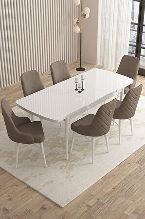 Rovena Queen Beyaz 80x132 Açılabilir Suntalam Mutfak Masası Takımı 6 Adet Sandalye