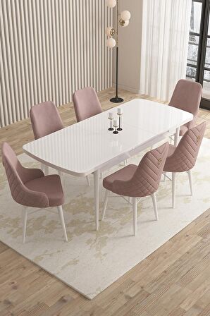 Rovena Queen Beyaz 80x132 Açılabilir Suntalam Mutfak Masası Takımı 6 Adet Sandalye