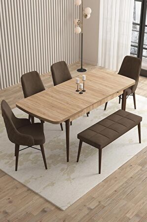 Rovena Queen Meşe 80x132 Açılabilir Suntalam Mutfak Masası Takımı 4 Adet Sandalye+1 Bench