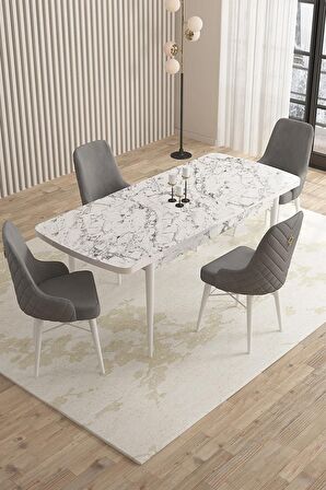 Rovena Queen Beyaz Mermer 80x132 Açılabilir Suntalam Mutfak Masası Takımı 4 Adet Sandalye
