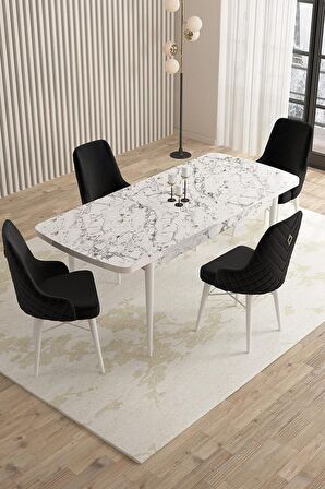 Rovena Queen Beyaz Mermer 80x132 Açılabilir Suntalam Mutfak Masası Takımı 4 Adet Sandalye