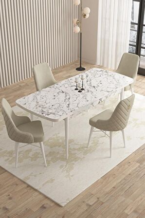 Rovena Queen Beyaz Mermer 80x132 Açılabilir Suntalam Mutfak Masası Takımı 4 Adet Sandalye