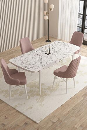 Rovena Queen Beyaz Mermer 80x132 Açılabilir Suntalam Mutfak Masası Takımı 4 Adet Sandalye
