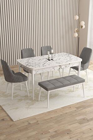 Rovena Queen Beyaz Mermer 80x132 Açılabilir Suntalam Mutfak Masası Takımı 4 Adet Sandalye+1 Bench
