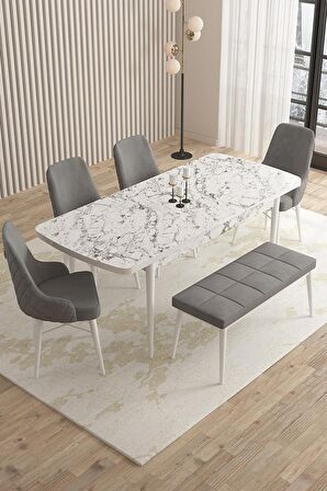 Rovena Queen Beyaz Mermer 80x132 Açılabilir Suntalam Mutfak Masası Takımı 4 Adet Sandalye+1 Bench
