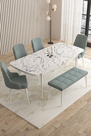 Rovena Queen Beyaz Mermer 80x132 Açılabilir Suntalam Mutfak Masası Takımı 4 Adet Sandalye+1 Bench