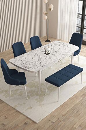 Rovena Queen Beyaz Mermer 80x132 Açılabilir Suntalam Mutfak Masası Takımı 4 Adet Sandalye+1 Bench