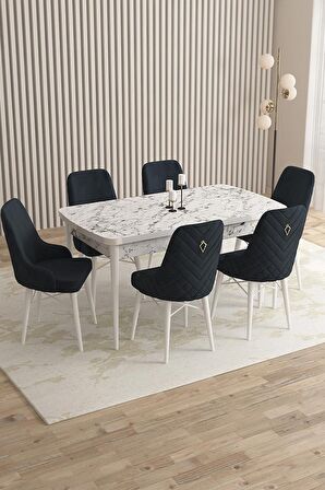 Rovena Queen Beyaz Mermer 80x132 Açılabilir Suntalam Mutfak Masası Takımı 6 Adet Sandalye