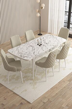 Rovena Queen Beyaz Mermer 80x132 Açılabilir Suntalam Mutfak Masası Takımı 6 Adet Sandalye