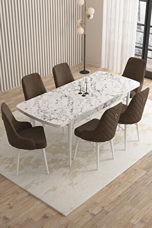 Rovena Queen Beyaz Mermer 80x132 Açılabilir Suntalam Mutfak Masası Takımı 6 Adet Sandalye