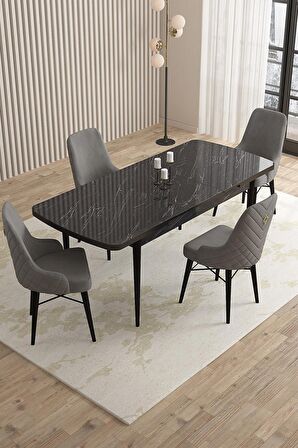 Rovena Queen Siyah Mermer 80x132 Açılabilir Suntalam Mutfak Masası Takımı 4 Adet Sandalye