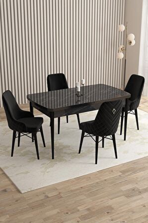 Rovena Queen Siyah Mermer 80x132 Açılabilir Suntalam Mutfak Masası Takımı 4 Adet Sandalye