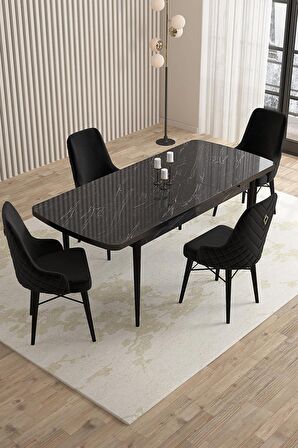 Rovena Queen Siyah Mermer 80x132 Açılabilir Suntalam Mutfak Masası Takımı 4 Adet Sandalye