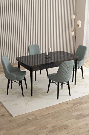 Rovena Queen Siyah Mermer 80x132 Açılabilir Suntalam Mutfak Masası Takımı 4 Adet Sandalye