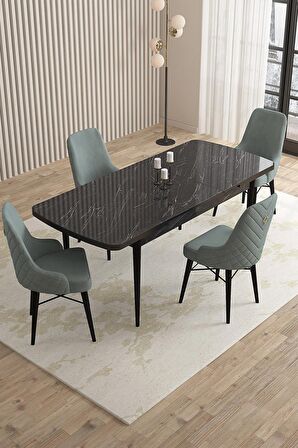 Rovena Queen Siyah Mermer 80x132 Açılabilir Suntalam Mutfak Masası Takımı 4 Adet Sandalye