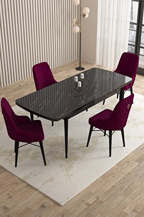 Rovena Queen Siyah Mermer 80x132 Açılabilir Suntalam Mutfak Masası Takımı 4 Adet Sandalye