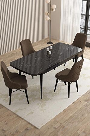 Rovena Queen Siyah Mermer 80x132 Açılabilir Suntalam Mutfak Masası Takımı 4 Adet Sandalye
