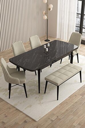 Rovena Queen Siyah Mermer 80x132 Açılabilir Suntalam Mutfak Masası Takımı 4 Adet Sandalye+1 Bench