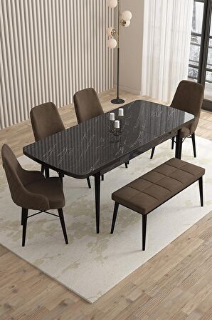 Rovena Queen Siyah Mermer 80x132 Açılabilir Suntalam Mutfak Masası Takımı 4 Adet Sandalye+1 Bench