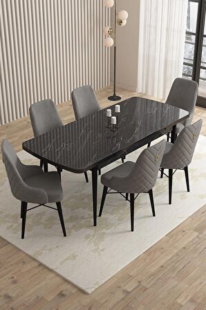 Rovena Queen Siyah Mermer 80x132 Açılabilir Suntalam Mutfak Masası Takımı 6 Adet Sandalye