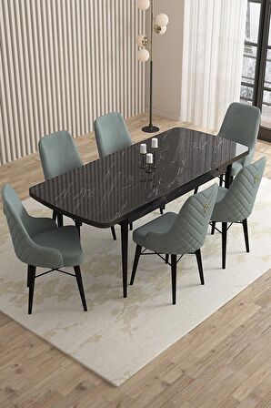 Rovena Queen Siyah Mermer 80x132 Açılabilir Suntalam Mutfak Masası Takımı 6 Adet Sandalye