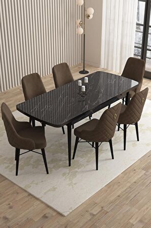 Rovena Queen Siyah Mermer 80x132 Açılabilir Suntalam Mutfak Masası Takımı 6 Adet Sandalye