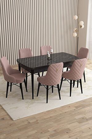 Rovena Queen Siyah Mermer 80x132 Açılabilir Suntalam Mutfak Masası Takımı 6 Adet Sandalye
