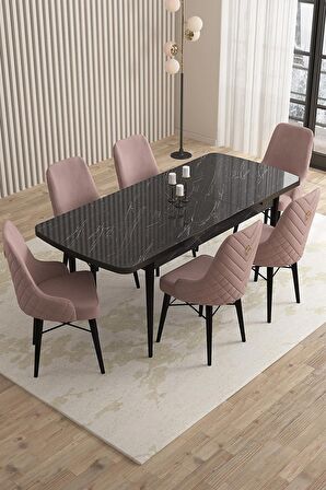 Rovena Queen Siyah Mermer 80x132 Açılabilir Suntalam Mutfak Masası Takımı 6 Adet Sandalye