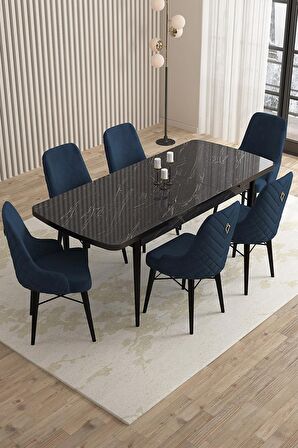 Rovena Queen Siyah Mermer 80x132 Açılabilir Suntalam Mutfak Masası Takımı 6 Adet Sandalye