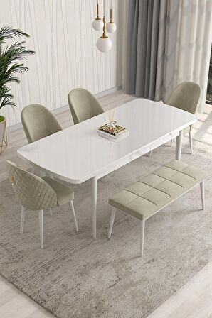 Rovena Modica Beyaz 80x132 Açılabilir Suntalam Mutfak Masası Takımı 4 Adet Sandalye+1 Bench