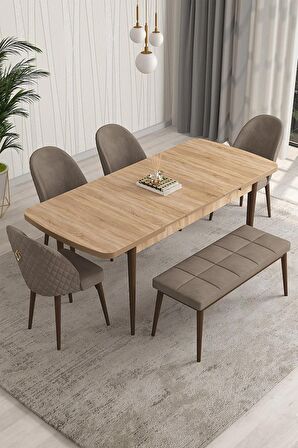 Rovena Modica Meşe 80x132 Açılabilir Suntalam Mutfak Masası Takımı 4 Adet Sandalye+1 Bench