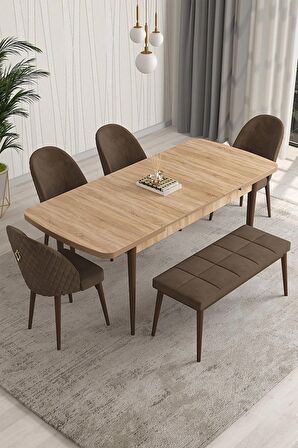 Rovena Modica Meşe 80x132 Açılabilir Suntalam Mutfak Masası Takımı 4 Adet Sandalye+1 Bench