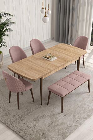 Rovena Modica Meşe 80x132 Açılabilir Suntalam Mutfak Masası Takımı 4 Adet Sandalye+1 Bench