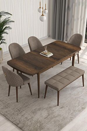 Rovena Modica Barok 80x132 Açılabilir Suntalam Mutfak Masası Takımı 4 Adet Sandalye+1 Bench