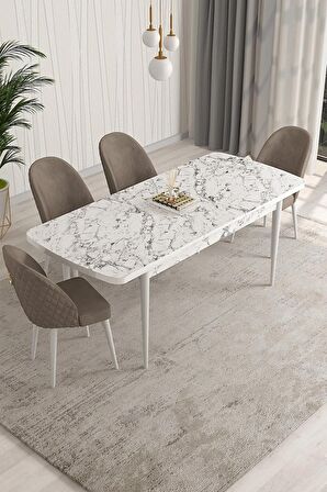 Rovena Modica Beyaz Mermer 80x132 Açılabilir Suntalam Mutfak Masası Takımı 4 Adet Sandalye