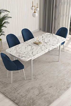 Rovena Modica Beyaz Mermer 80x132 Açılabilir Suntalam Mutfak Masası Takımı 4 Adet Sandalye