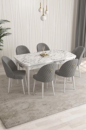 Rovena Modica Beyaz Mermer 80x132 Açılabilir Suntalam Mutfak Masası Takımı 4 Adet Sandalye+1 Bench