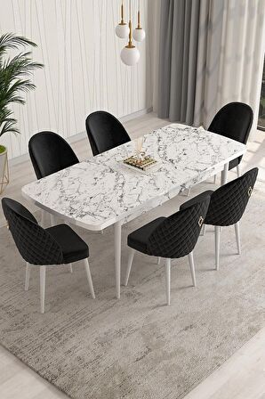 Rovena Modica Beyaz Mermer 80x132 Açılabilir Suntalam Mutfak Masası Takımı 6 Adet Sandalye