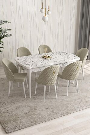 Rovena Modica Beyaz Mermer 80x132 Açılabilir Suntalam Mutfak Masası Takımı 6 Adet Sandalye
