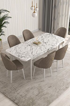 Rovena Modica Beyaz Mermer 80x132 Açılabilir Suntalam Mutfak Masası Takımı 6 Adet Sandalye