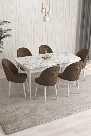 Rovena Modica Beyaz Mermer 80x132 Açılabilir Suntalam Mutfak Masası Takımı 6 Adet Sandalye