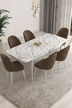 Rovena Modica Beyaz Mermer 80x132 Açılabilir Suntalam Mutfak Masası Takımı 6 Adet Sandalye