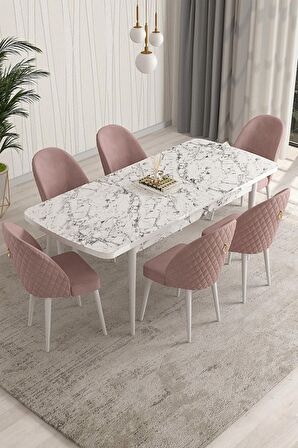 Rovena Modica Beyaz Mermer 80x132 Açılabilir Suntalam Mutfak Masası Takımı 6 Adet Sandalye