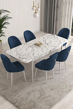 Rovena Modica Beyaz Mermer 80x132 Açılabilir Suntalam Mutfak Masası Takımı 6 Adet Sandalye