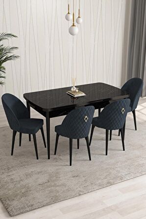 Rovena Modica Siyah Mermer 80x132 Açılabilir Suntalam Mutfak Masası Takımı 4 Adet Sandalye